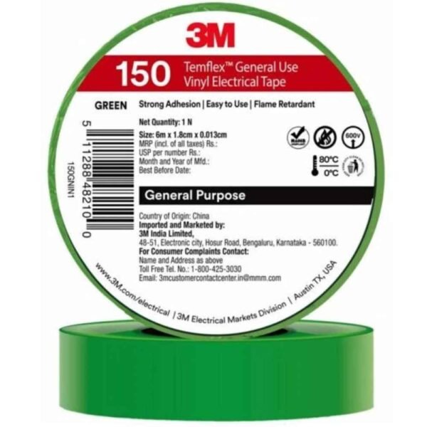 3m-temflex-150-electrical-tape-vinyl-strong-adhesive-green-6-m-length-and-18-mm-width (2) 3M Temflex 150 Green Electrical Tape 18mm x 6m Pack of 30