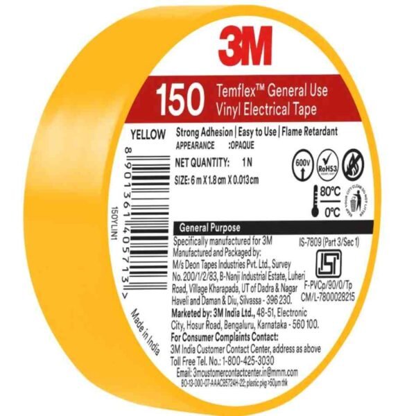 3M Temflex 150 Yellow Electrical Tape 18mm x 6m Pack of 30