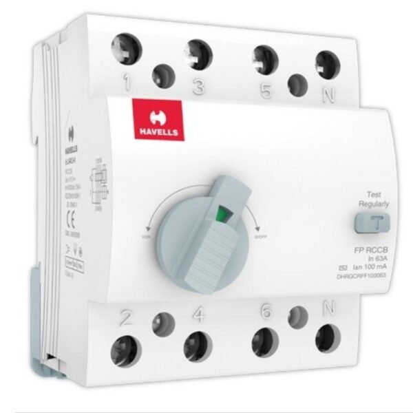 Havells 63A 100mA 4P AC Type FP RCCB DHRGCRFF100063 – 4 Pole Residual Current Circuit Breaker