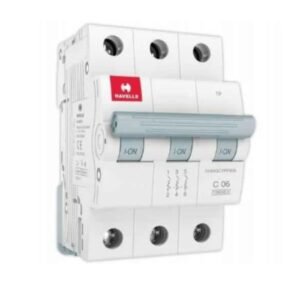 Havells Euro-II 6A Three Pole C-Curve Miniature Circuit Breaker DHMGCTPF006 white industrial switchgear pack of 4 on studio white background.