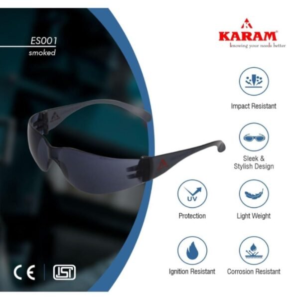 Karam ES001 Smoke Polycarbonate Lens Flexible Frame Eye Protection Goggle Pack of 12