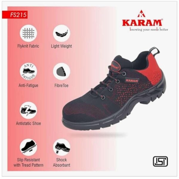 Karam Flytex FS 202 Flyknit Mesh Black Red Sport Safety Shoes Size 6