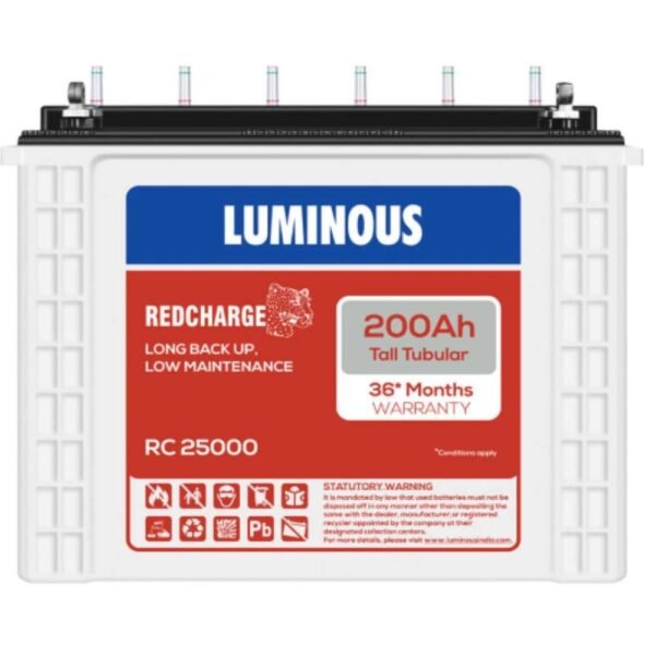 Alt Text Luminous Redcharge 200Ah Tall Tubular Inverter Battery for Home Inverter Backup