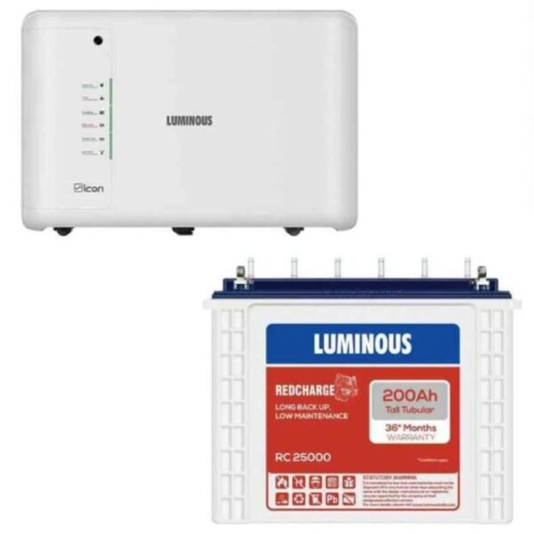 Luminous Redcharge 200Ah Tubular Battery and Icon 1100 900VA 756W White Pure Sine Wave Inverter Combo