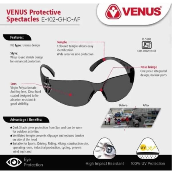 Venus E-102 GHC AF Dark Tinted Polycarbonate Rimless Frame Eye Protection Goggles Pack of 5